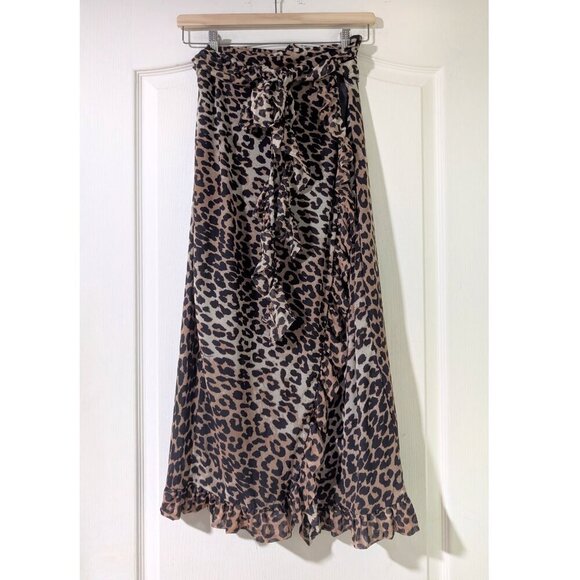 NWT Ganni | Mesh Ruffle Midi Wrap Skirt In Leopard - Picture 3 of 16